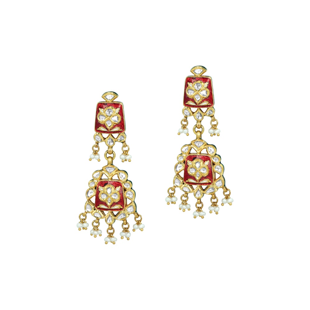 Red Enamel Polki Earrings with Floral Motifs and Cheed Pearls